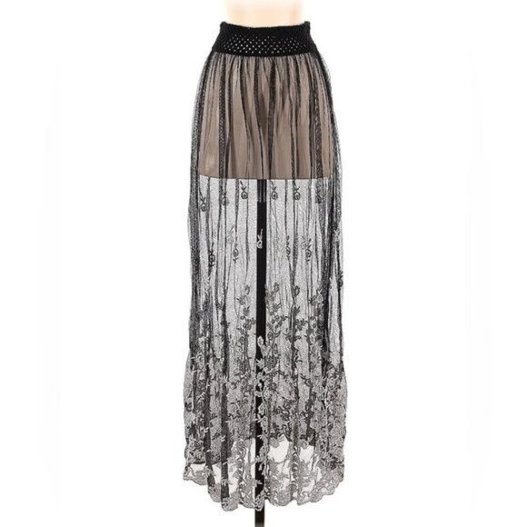 NWT Jen’s Pirate Booty Black Sheer Embroidered Maxi Skirt | Boho Whimsigoth Lace - Picture 2 of 6